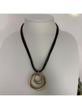 Dana Buchman Gold Tone Circular Pendant Necklace Brown Multi Strand Cord Modern